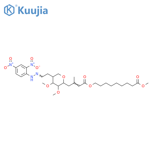 Nonanoic acid,9-[[4-[5-[2-[(2,4-dinitrophenyl)hydrazono]ethyl]tetrahydro-3,4-dimethoxy-2H-pyran-2-yl]-3-methyl-1-oxo-2-butenyl]oxy]-, methyl ester structure