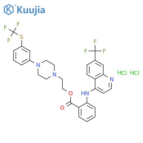 Benzoic acid,2-[[7-(trifluoromethyl)-4-quinolinyl]amino]-,2-[4-[3-[(trifluoromethyl)thio]phenyl]-1-piperazinyl]ethyl ester, hydrochloride(1:2) structure