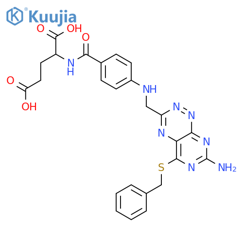 N-[4-({[7-amino-5-(benzylsulfanyl)pyrimido[5,4-e][1,2,4]triazin-3-yl]methyl}amino)benzoyl]glutamic acid structure