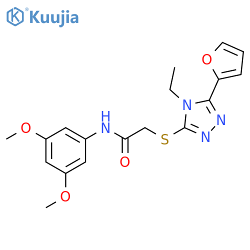 <br>N-(3,5-Dimethoxyphenyl)-2-((4-ethyl-5-(furan-2-yl)-4H-1,2,4-triazol-3-yl)th io)acetamide structure