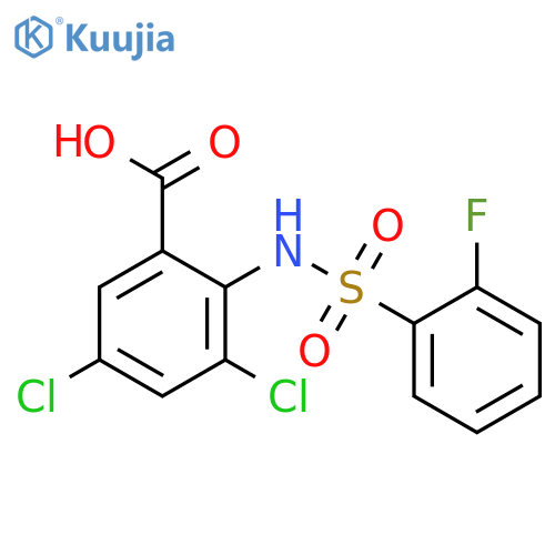 3,5-dichloro-2-{[(2-fluorophenyl)sulfonyl]amino}benzoic acid structure