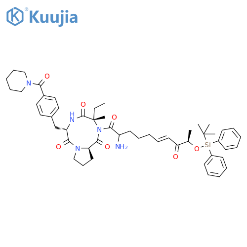 Cyclo[(2S,6E,9R)-2-amino-9-[[(1,1-dimethylethyl)diphenylsilyl]oxy]-8-oxo-6-decenoyl-L-isovalyl-4-(1-piperidinylcarbonyl)-L-phenylalanyl-D-prolyl] structure
