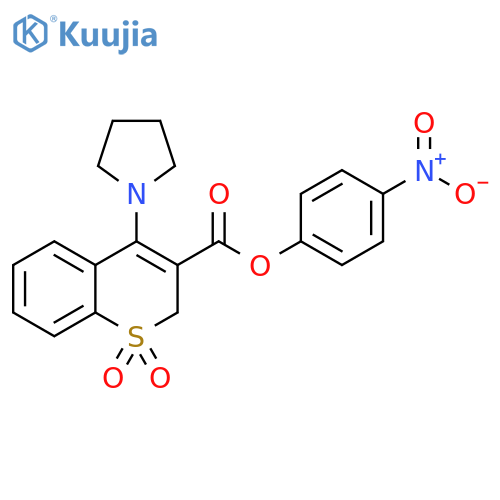 2H-1-Benzothiopyran-3-carboxylic acid, 4-(1-pyrrolidinyl)-, 4-nitrophenyl ester, 1,1-dioxide structure
