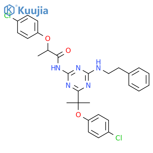 2-(4-chlorophenoxy)-N-{4-[1-(4-chlorophenoxy)-1-methylethyl]-6-[(2-phenylethyl)amino]-1,3,5-triazin-2-yl}propanamide structure