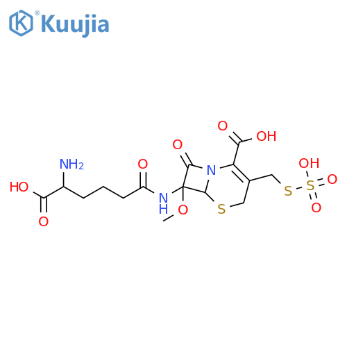 (6R,7S)-7-{[(5R)-5-amino-5-carboxypentanoyl]amino}-7-methoxy-8-oxo-3-[(sulfosulfanyl)methyl]-5-thia-1-azabicyclo[4.2.0]oct-2-ene-2-carboxylic acid structure