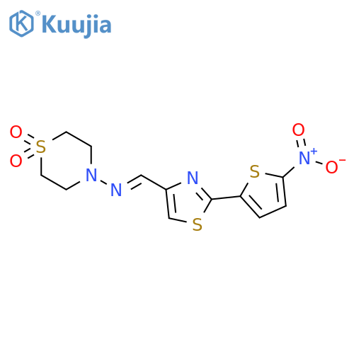 N-{(E)-[2-(5-nitrothiophen-2-yl)-1,3-thiazol-4-yl]methylidene}thiomorpholin-4-amine 1,1-dioxide structure