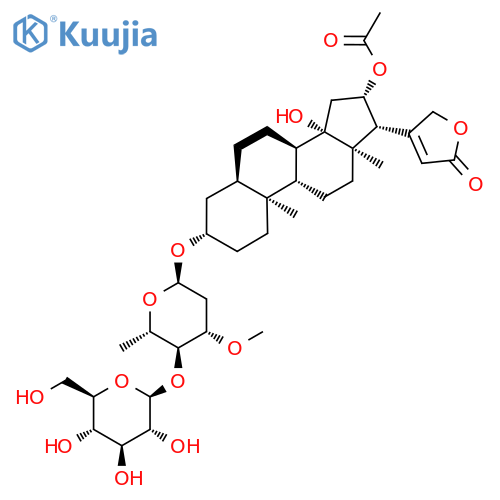 (3beta,5beta,16beta)-16-(acetyloxy)-3-{[2,6-dideoxy-4-O-(beta-D-glucopyranosyl)-3-O-methyl-alpha-L-arabino-hexopyranosyl]oxy}-14-hydroxycard-20(22)-enolide structure