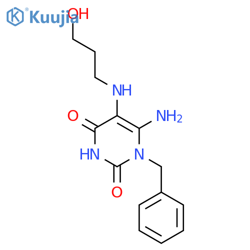 6-amino-1-benzyl-5-[(3-hydroxypropyl)amino]-1,2,3,4-tetrahydropyrimidine-2,4-dione structure