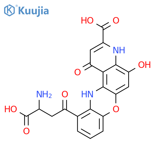 11-((S)-3-amino-3-carboxy-propionyl)-5-hydroxy-1-oxo-1,12-dihydro-4H-pyrido[3,2-a]phenoxazine-3-carboxylic acid structure