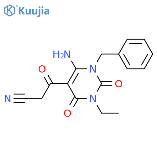 3-(6-amino-1-benzyl-3-ethyl-2,4-dioxo-1,2,3,4-tetrahydropyrimidin-5-yl)-3-oxopropanenitrile structure