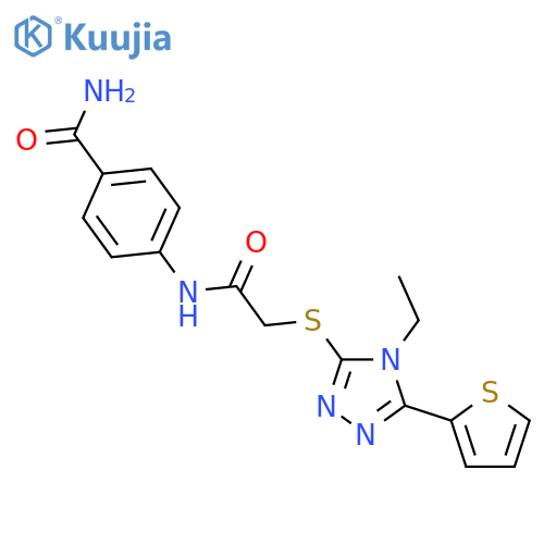 <br>4-(2-((4-Ethyl-5-(thiophen-2-yl)-4H-1,2,4-triazol-3-yl)thio)acetamido)benza mide structure
