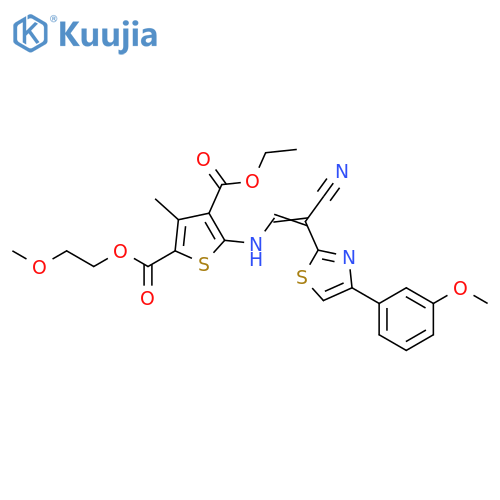 4-ethyl 2-(2-methoxyethyl) 5-{(1Z)-2-cyano-2-4-(3-methoxyphenyl)-1,3-thiazol-2-yleth-1-en-1-ylamino}-3-methylthiophene-2,4-dicarboxylate structure