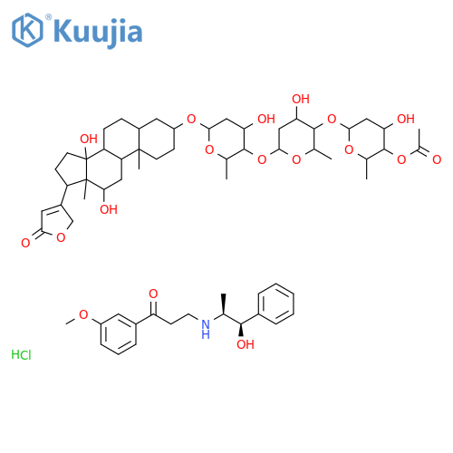 3-{[(1S,2R)-2-hydroxy-1-methyl-2-phenylethyl]amino}-1-(3-methoxyphenyl)propan-1-one - 3-{[4-O-acetyl-2,6-dideoxyhexopyranosyl-(1->4)-2,6-dideoxyhexopyranosyl-(1->4)-2,6-dideoxyhexopyranosyl]oxy}-12,14-dihydroxycard-20(22)-enolide (1:1) hydrochloride structure