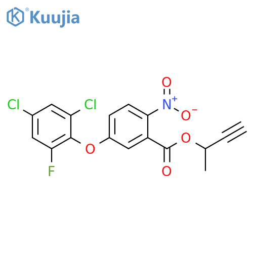 Benzoic acid, 5-(2,4-dichloro-6-fluorophenoxy)-2-nitro-, 1-methyl-2-propyn-1-yl ester structure