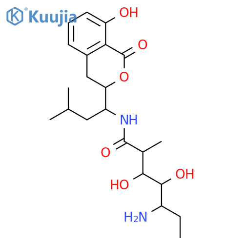 Heptonamide,5-amino-2,5,6,7-tetradeoxy-N-[1-(3,4-dihydro-8-hydroxy-1-oxo-1H-2-benzopyran-3-yl)-3-methylbutyl]-2-methyl- structure