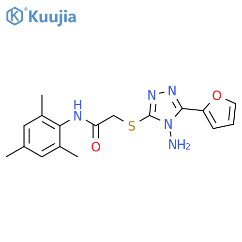 2-{4-amino-5-(furan-2-yl)-4H-1,2,4-triazol-3-ylsulfanyl}-N-(2,4,6-trimethylphenyl)acetamide structure