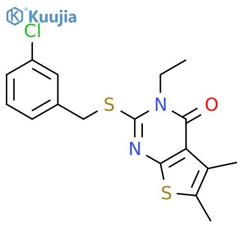 <br>2-((3-Chlorobenzyl)thio)-3-ethyl-5,6-dimethylthieno[2,3-d]pyrimidin-4(3H)-o ne structure