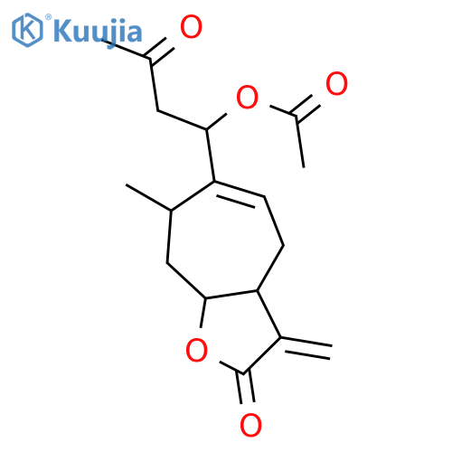 6-(1-acetoxy-3-oxo-butyl)-7-methyl-3-methylene-3,3a,4,7,8,8a-hexahydro-cyclohepta[b]furan-2-one structure