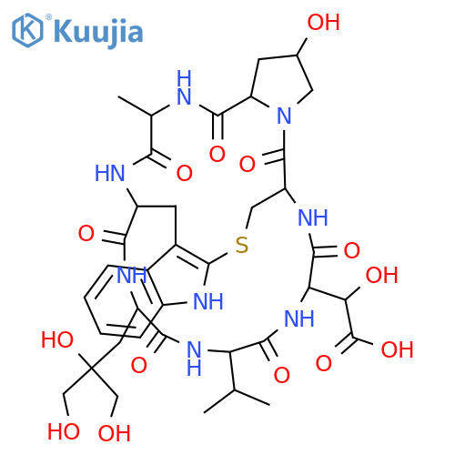 2-[28-[2,3-Dihydroxy-2-(hydroxymethyl)propyl]-18-hydroxy-23-methyl-15,21,24,26,29,32,35-heptaoxo-31-propan-2-yl-12-thia-10,16,22,25,27,30,33,36-octazapentacyclo[12.11.11.03,11.04,9.016,20]hexatriaconta-3(11),4,6,8-tetraen-34-yl]-2-hydroxyacetic acid structure
