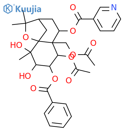 3-Pyridinecarboxylic acid, (3R,5S,5aR,6R,7S,8S,9S,9aR)-6-(acetyloxy)-5a-[(acetyloxy)methyl]-7-(benzoyloxy)octahydro-8,9-dihydroxy-2,2,9-trimethyl-2H-3,9a-methano-1-benzoxepin-5-yl ester, rel-(+)- structure