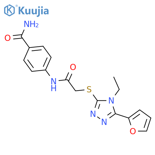 <br>4-(2-((4-Ethyl-5-(furan-2-yl)-4H-1,2,4-triazol-3-yl)thio)acetamido)benzamid e structure