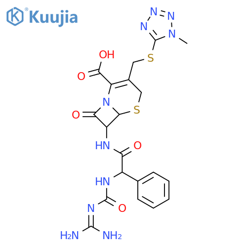 (6R,7R)-7-{[{[(diaminomethylidene)carbamoyl]amino}(phenyl)acetyl]amino}-3-{[(1-methyl-1H-tetrazol-5-yl)sulfanyl]methyl}-8-oxo-5-thia-1-azabicyclo[4.2.0]oct-2-ene-2-carboxylic acid structure