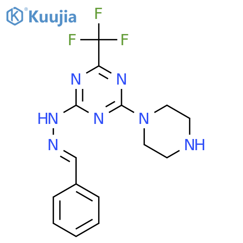 2-[(2E)-2-benzylidenehydrazinyl]-4-(piperazin-1-yl)-6-(trifluoromethyl)-1,3,5-triazine structure