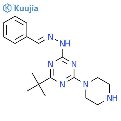 2-[(2E)-2-benzylidenehydrazinyl]-4-tert-butyl-6-(piperazin-1-yl)-1,3,5-triazine structure
