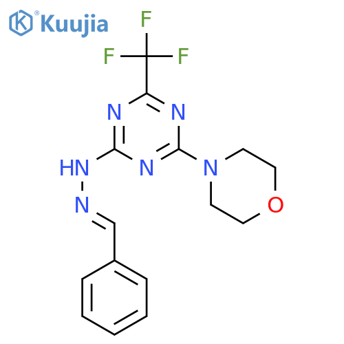2-[(2E)-2-benzylidenehydrazinyl]-4-(morpholin-4-yl)-6-(trifluoromethyl)-1,3,5-triazine structure