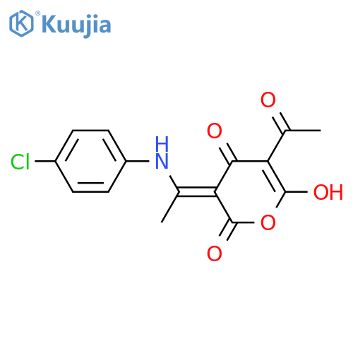 (3Z)-5-acetyl-3-{1-[(4-chlorophenyl)amino]ethylidene}-6-hydroxy-2H-pyran-2,4(3H)-dione structure