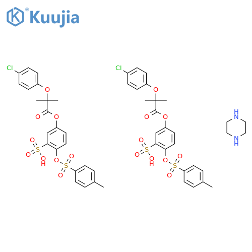 5-{[2-(4-chlorophenoxy)-2-methylpropanoyl]oxy}-2-{[(4-methylphenyl)sulfonyl]oxy}benzenesulfonic acid - piperazine (2:1) structure