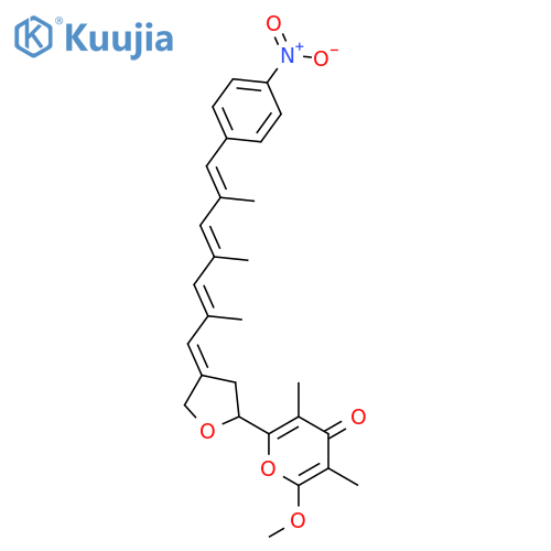 2-methoxy-3,5-dimethyl-6-{(4Z)-4-[(2E,4E,6E)-2,4,6-trimethyl-7-(4-nitrophenyl)hepta-2,4,6-trien-1-ylidene]tetrahydrofuran-2-yl}-4H-pyran-4-one structure
