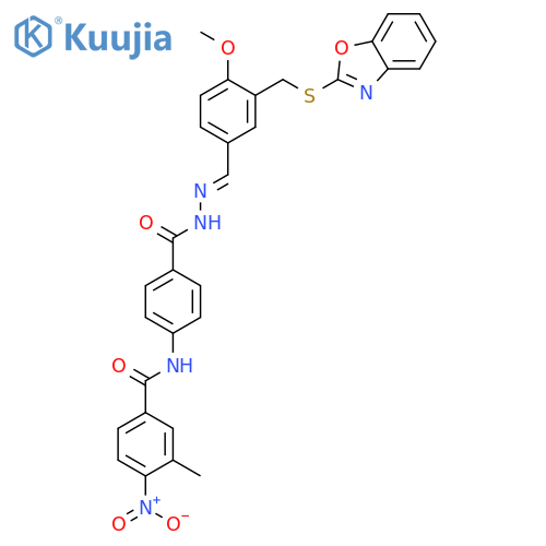 Benzoic acid, 4-[(3-methyl-4-nitrobenzoyl)amino]-, [[3-[(2-benzoxazolylthio)methyl]-4-methoxyphenyl]methylene]hydrazide (9CI) structure