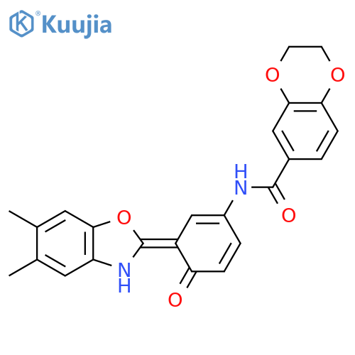 N-[(3E)-3-(5,6-dimethyl-1,3-benzoxazol-2(3H)-ylidene)-4-oxocyclohexa-1,5-dien-1-yl]-2,3-dihydro-1,4-benzodioxine-6-carboxamide structure