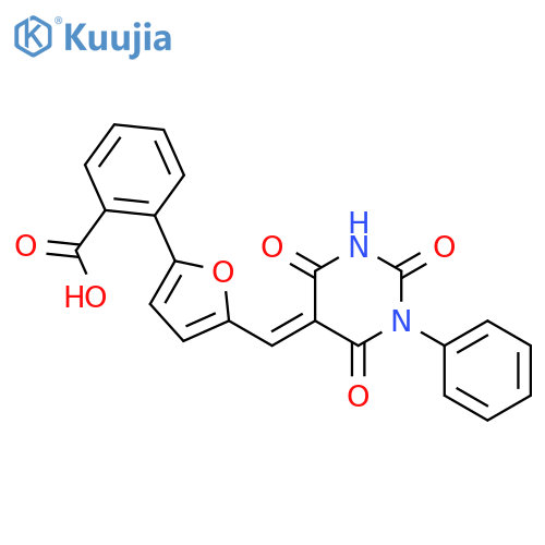 2-{5-[(E)-(2,4,6-trioxo-1-phenyltetrahydropyrimidin-5(2H)-ylidene)methyl]furan-2-yl}benzoic acid structure