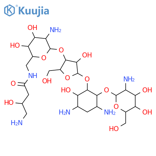 4,6-diamino-2-[(3-O-{2-amino-6-[(4-amino-3-hydroxybutanoyl)amino]-2,6-dideoxyhexopyranosyl}pentofuranosyl)oxy]-3-hydroxycyclohexyl 2-amino-2-deoxyhexopyranoside structure
