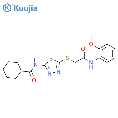 N-5-({(2-methoxyphenyl)carbamoylmethyl}sulfanyl)-1,3,4-thiadiazol-2-ylcyclohexanecarboxamide structure