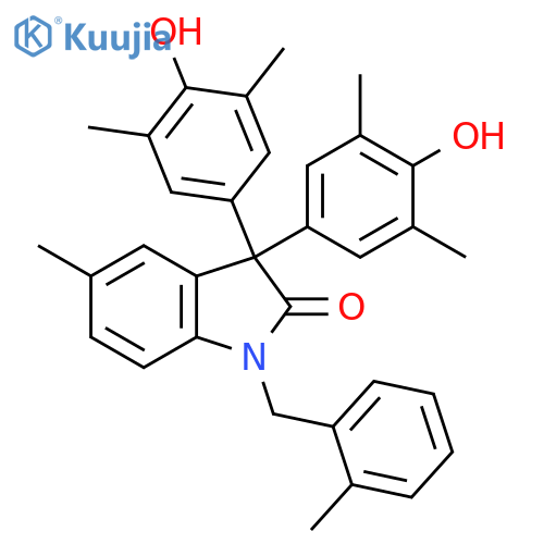 2H-Indol-2-one,1,3-dihydro-3,3-bis(4-hydroxy-3,5-dimethylphenyl)-5-methyl-1-[(2-methylphenyl)methyl]- structure