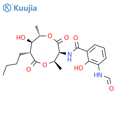 N-[(3S,4R,7R,8R,9S)-7-butyl-8-hydroxy-4,9-dimethyl-2,6-dioxo-1,5-dioxonan-3-yl]-3-(formylamino)-2-hydroxybenzamide (non-preferred name) structure