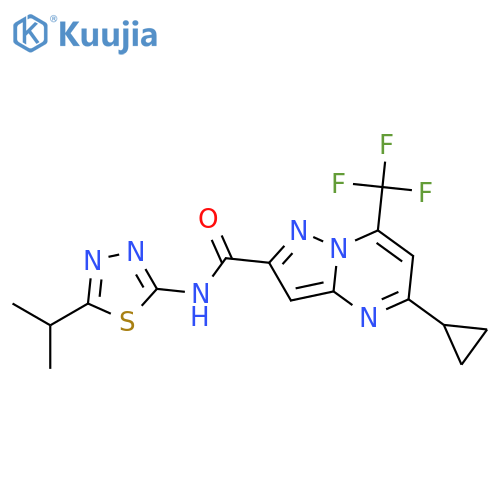 Pyrazolo[1,5-a]pyrimidine-2-carboxamide, 5-cyclopropyl-N-[5-(1-methylethyl)-1,3,4-thiadiazol-2-yl]-7-(trifluoromethyl)- (9CI) structure