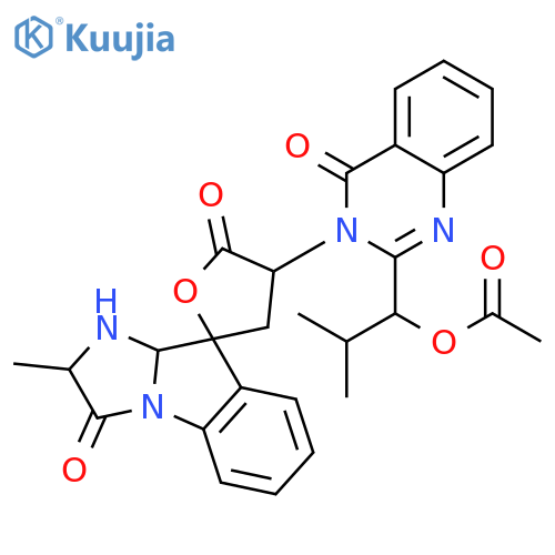 2-methyl-1-[3-(2'-methyl-3',5-dioxo-1',2',3',4,5,9a'-hexahydro-3H-spiro[furan-2,9'-imidazo[1,2-a]indol]-4-yl)-4-oxo-3,4-dihydroquinazolin-2-yl]propyl acetate structure