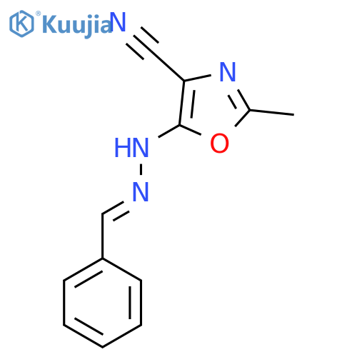 2-methyl-5-(E)-2-(phenylmethylidene)hydrazin-1-yl-1,3-oxazole-4-carbonitrile structure