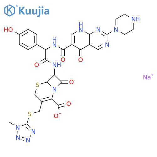 sodium (6R,7R)-7-{[(4-hydroxyphenyl){[(5-oxo-2-piperazin-1-yl-5,8-dihydropyrido[2,3-d]pyrimidin-6-yl)carbonyl]amino}acetyl]amino}-3-{[(1-methyl-1H-tetrazol-5-yl)sulfanyl]methyl}-8-oxo-5-thia-1-azabicyclo[4.2.0]oct-2-ene-2-carboxylate structure