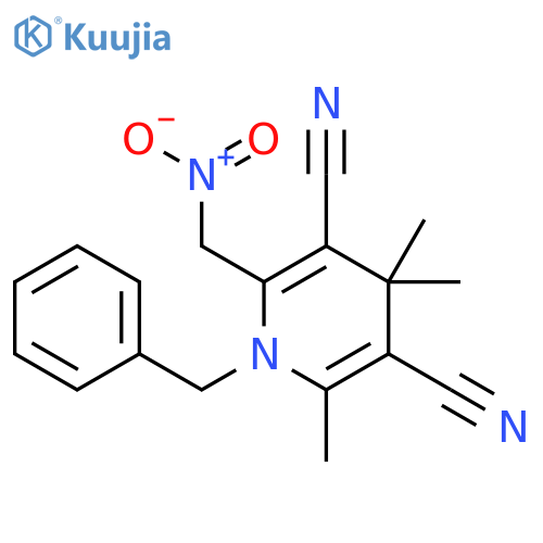 3,5-Pyridinedicarbonitrile,1,4-dihydro-2,4,4-trimethyl-6-(nitromethyl)-1-(phenylmethyl)- structure