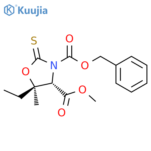3,4-Oxazolidinedicarboxylic acid, 5-ethyl-5-methyl-2-thioxo-, 4-methyl 3-(phenylmethyl) ester, trans- (9CI) structure