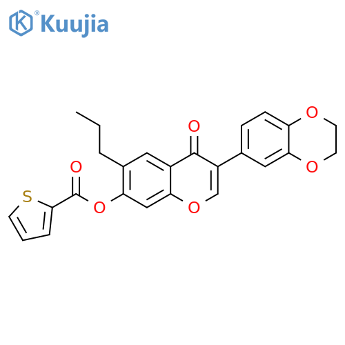 3-(2,3-dihydro-1,4-benzodioxin-6-yl)-4-oxo-6-propyl-4H-chromen-7-yl thiophene-2-carboxylate structure