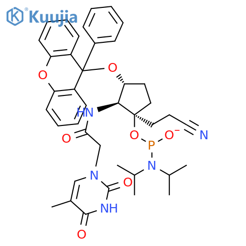 PHOSPHORAMIDOUS ACID, BIS(1-METHYLETHYL)-, 2-CYANOETHYL(1R,2S,3R)-2-[[(3,4-DIHYDRO-5-METHYL-2,4-DIOXO-1(2H)-PYRIMIDINYL)ACETYL]AMINO]-3-[(9-PHENYL-9H-XANTHEN-9-YL)OXY]CYCLOPENTYL ESTER structure
