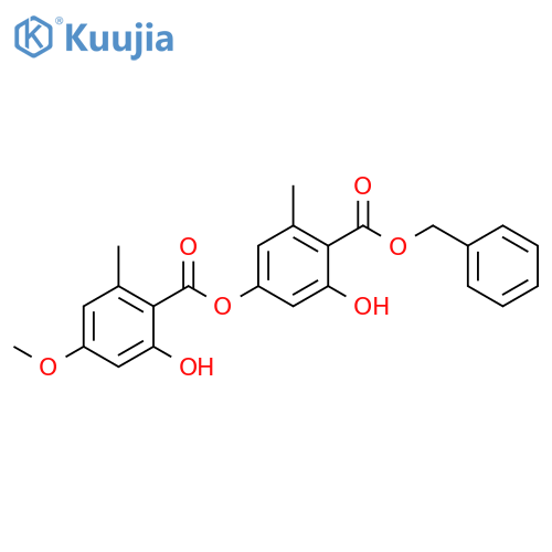 Benzoic acid, 2-hydroxy-4-[(2-hydroxy-4-methoxy-6-methylbenzoyl)oxy]-6-methyl-, phenylmethyl ester structure