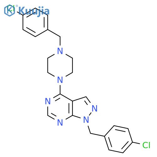 1-(4-chlorophenyl)methyl-4-{1-(4-chlorophenyl)methyl-1H-pyrazolo3,4-dpyrimidin-4-yl}piperazine structure
