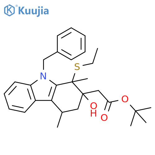 1H-Carbazole-2-acetic acid,1-(ethylthio)-2,3,4,9-tetrahydro-2-hydroxy-1,4-dimethyl-9-(phenylmethyl)-, 1,1-dimethylethyl ester structure
